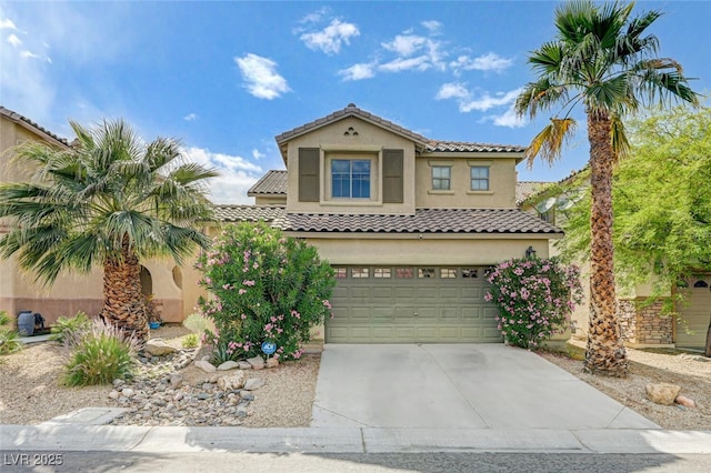 10519 Bella Camrosa Dr, Las Vegas, NV 89141 - mediterranean / spanish-style house featuring a tiled roof, a garage, stucco siding, and driveway