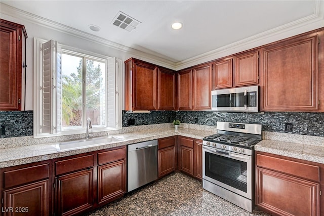 10519 Bella Camrosa Dr, Las Vegas, NV 89141 - kitchen with visible vents, crown molding, appliances with stainless steel finishes, tasteful backsplash, and a sink