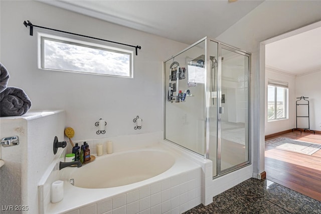 10519 Bella Camrosa Dr, Las Vegas, NV 89141 - full bathroom featuring a garden tub, a stall shower, a healthy amount of sunlight, and granite finish floor