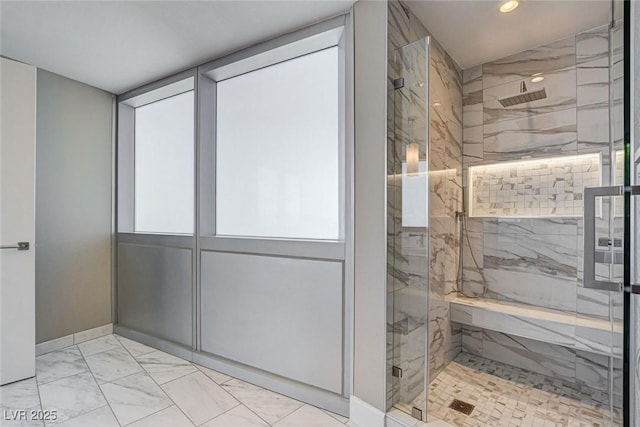 full bathroom with a marble finish shower, baseboards, recessed lighting, and marble finish floor