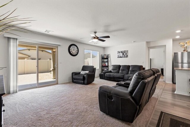 13 Deseo Ct, North Las Vegas, NV 89031 - living area featuring a ceiling fan, visible vents, wood finished floors, baseboards, and recessed lighting