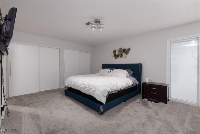 bedroom with carpet flooring and two closets