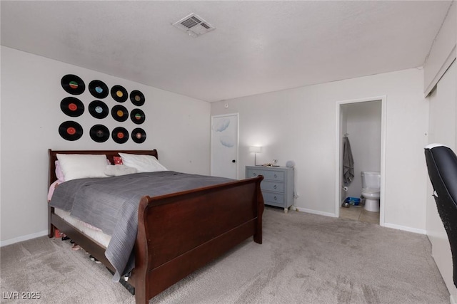bedroom with baseboards, light colored carpet, and visible vents