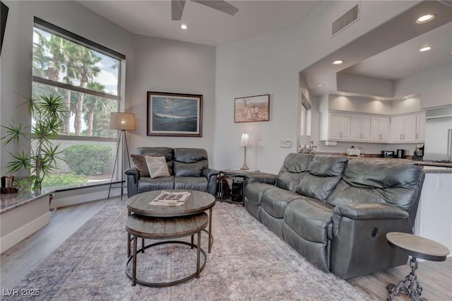4594 Blue Mesa Way, Las Vegas, NV 89129 - living room with visible vents, recessed lighting, light wood finished floors, and ceiling fan