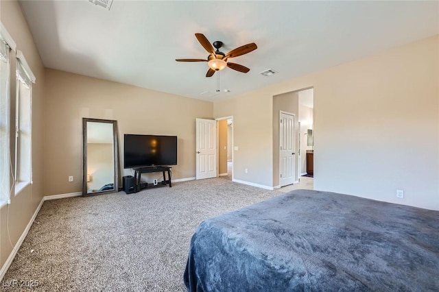 bedroom featuring baseboards, ceiling fan, light colored carpet, and visible vents