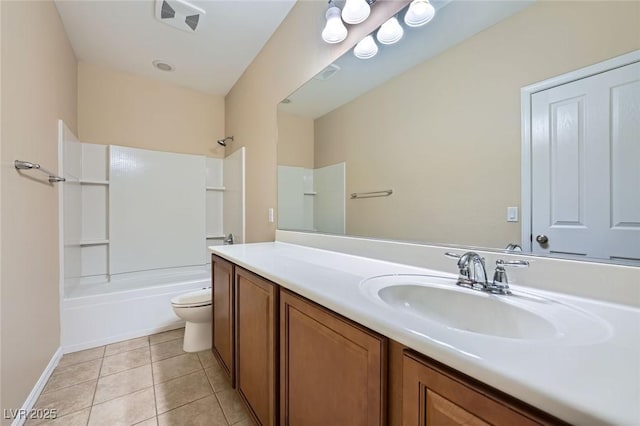 full bath with shower / bathing tub combination, vanity, baseboards, tile patterned floors, and toilet