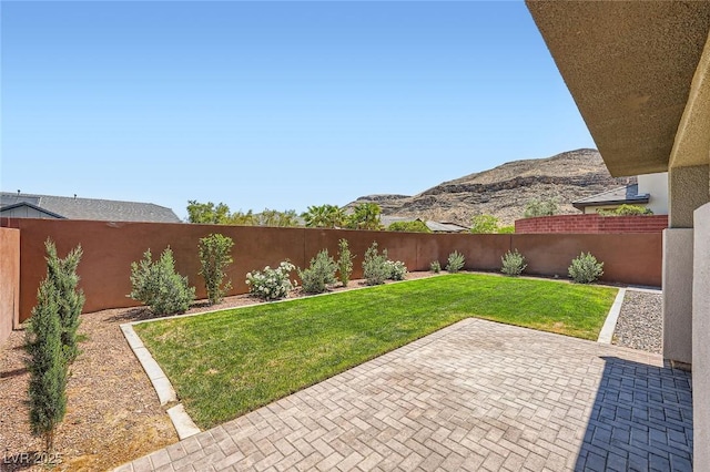 view of yard with a patio, a fenced backyard, and a mountain view