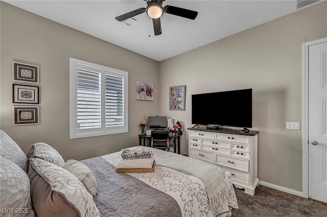 6325 Gambetta St, Las Vegas, NV 89115 - bedroom with a ceiling fan, baseboards, visible vents, and dark colored carpet