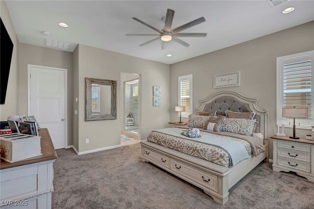 6325 Gambetta St, Las Vegas, NV 89115 - carpeted bedroom with visible vents, baseboards, ensuite bathroom, ceiling fan, and recessed lighting