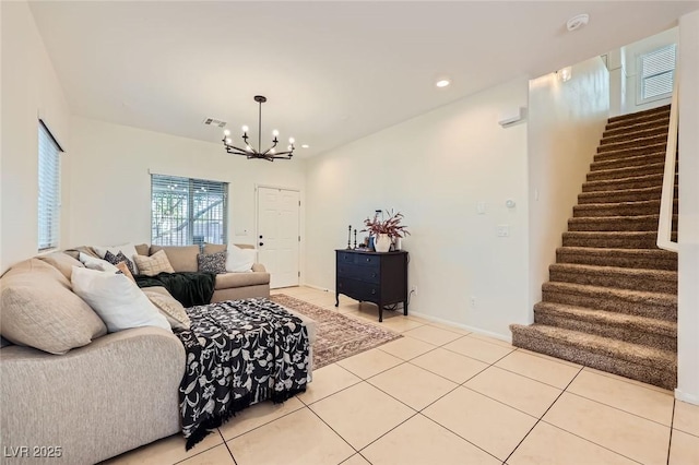 8091 Mosaic Sunrise Ln, Las Vegas, NV 89166 - living room with stairway, a chandelier, tile patterned flooring, and recessed lighting