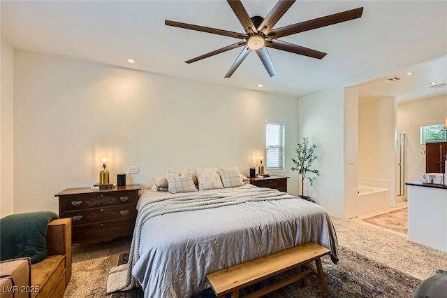 8091 Mosaic Sunrise Ln, Las Vegas, NV 89166 - bedroom featuring light carpet, recessed lighting, and a ceiling fan