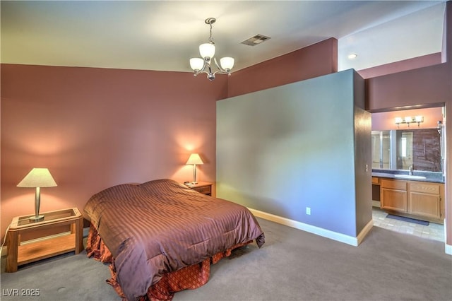 bedroom with an inviting chandelier, a sink, carpet, baseboards, and visible vents