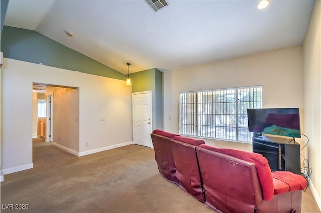 living room with carpet, recessed lighting, baseboards, lofted ceiling, and visible vents
