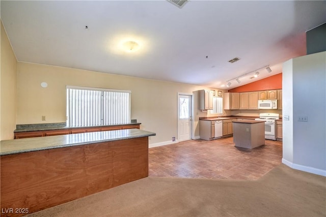 kitchen with visible vents, rail lighting, baseboards, light carpet, and white appliances