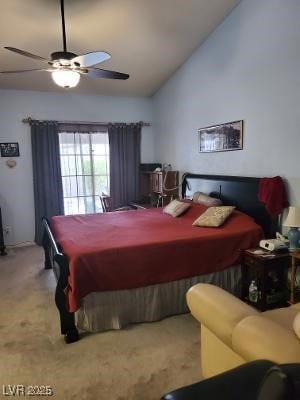 bedroom with carpet floors, a ceiling fan, and high vaulted ceiling