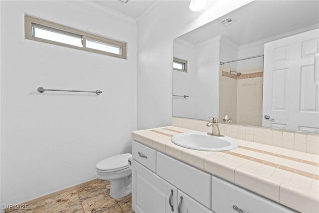 full bath featuring crown molding, visible vents, vanity, a shower, and toilet