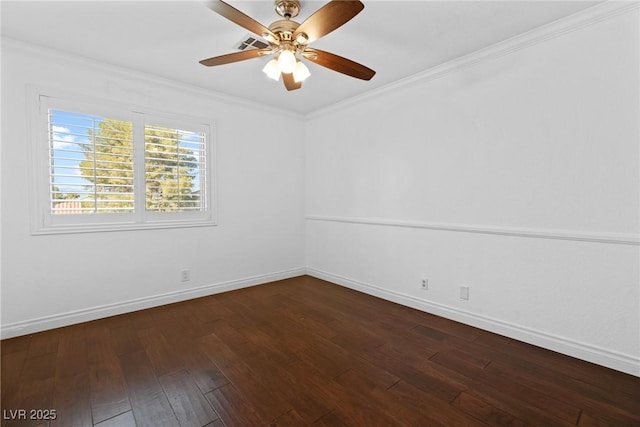 empty room featuring crown molding, baseboards, a ceiling fan, and dark wood-type flooring