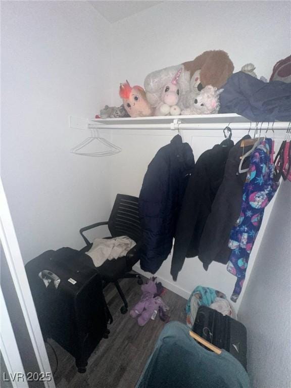 walk in closet with wood finished floors