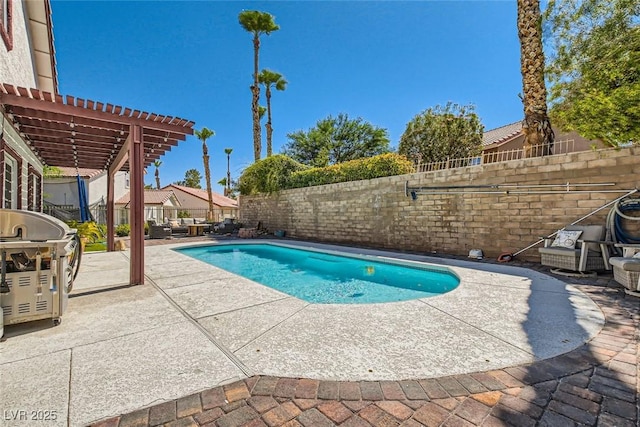 view of swimming pool with a fenced backyard, a fenced in pool, a patio, and a pergola