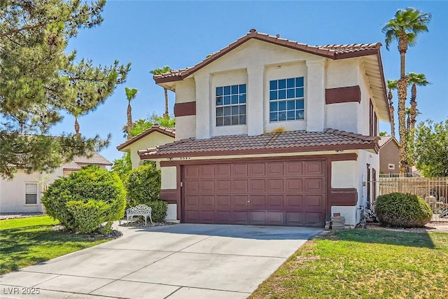 mediterranean / spanish home featuring concrete driveway, a garage, a tile roof, and stucco siding