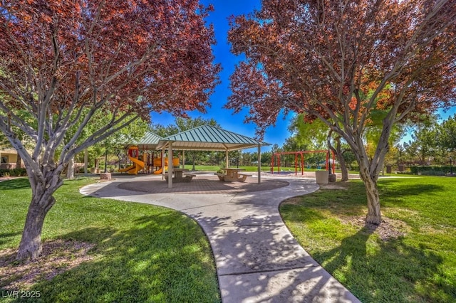 view of home's community featuring a gazebo, a yard, and playground community
