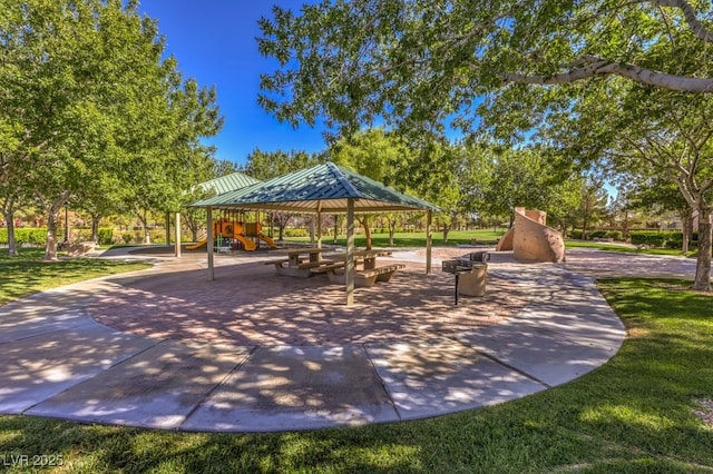 view of home's community featuring a yard, a gazebo, and playground community