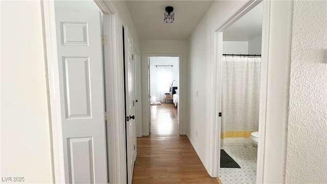corridor with baseboards and light wood-style floors