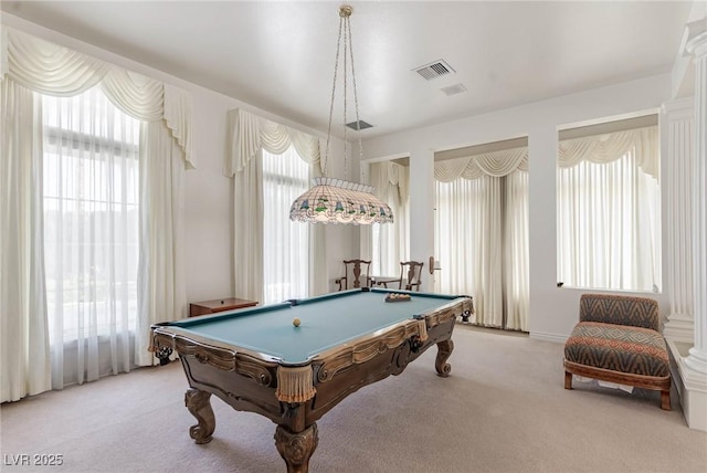 game room featuring light colored carpet, visible vents, and billiards