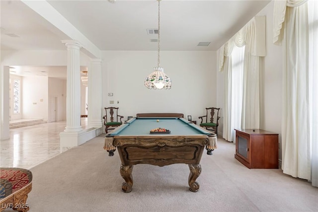 game room featuring visible vents, decorative columns, pool table, and a wealth of natural light