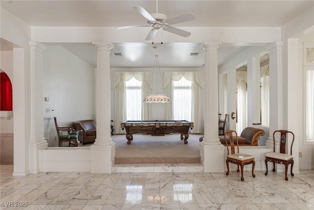recreation room featuring a ceiling fan, pool table, visible vents, and marble finish floor