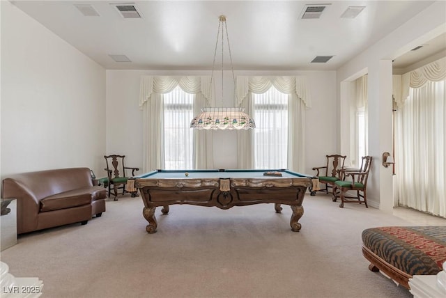 rec room featuring billiards, light carpet, and visible vents