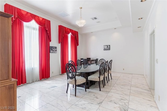 dining room with visible vents, ornamental molding, marble finish floor, and a chandelier