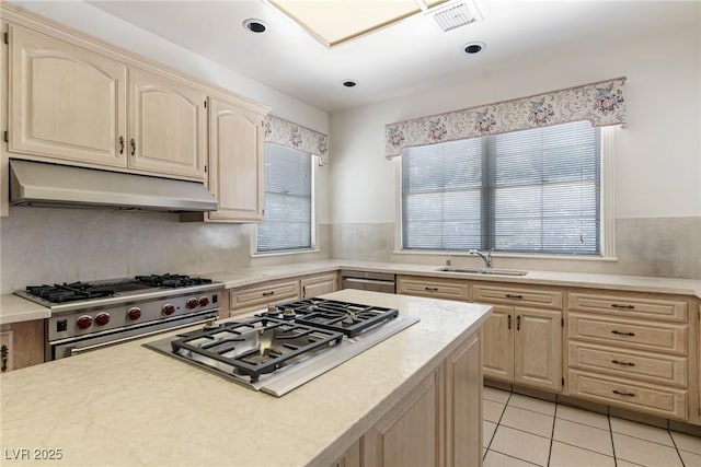 kitchen with appliances with stainless steel finishes, a sink, light brown cabinets, light countertops, and under cabinet range hood