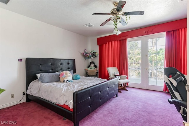 carpeted bedroom featuring visible vents, access to exterior, ceiling fan, a textured ceiling, and french doors