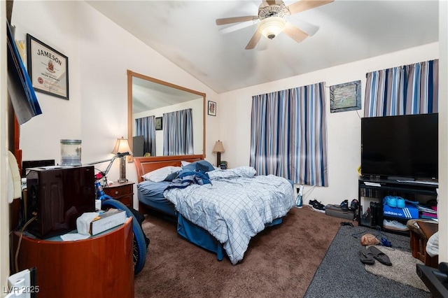 bedroom with carpet floors, a ceiling fan, and lofted ceiling