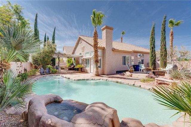 view of swimming pool with a patio, a fenced in pool, fence, a pergola, and a fire pit