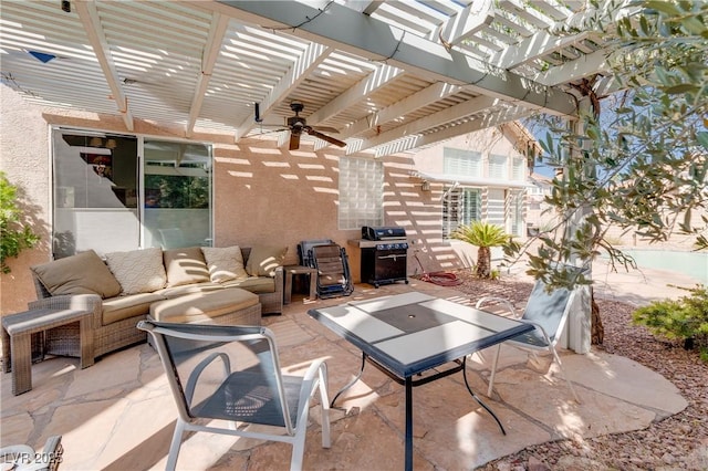 view of patio / terrace featuring area for grilling, a pergola, an outdoor living space, and a ceiling fan