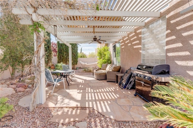 view of patio with an outdoor living space, a ceiling fan, outdoor dining area, fence, and a pergola