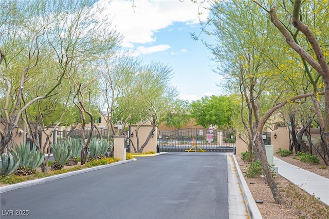 view of street with a gate, a gated entry, and curbs