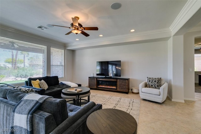 10372 Premia Pl, Las Vegas, NV 89135 - living area featuring a ceiling fan, ornamental molding, light tile patterned floors, and recessed lighting