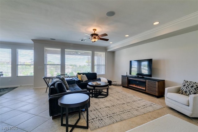 10372 Premia Pl, Las Vegas, NV 89135 - living room featuring crown molding, light tile patterned floors, a ceiling fan, baseboards, and recessed lighting