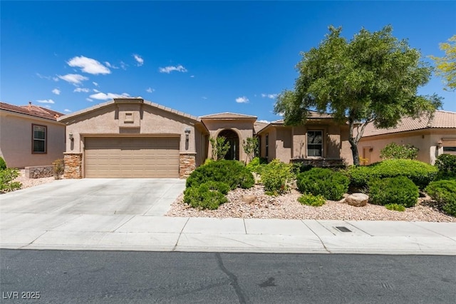 10372 Premia Pl, Las Vegas, NV 89135 - view of front of property with an attached garage, stucco siding, driveway, and stone siding