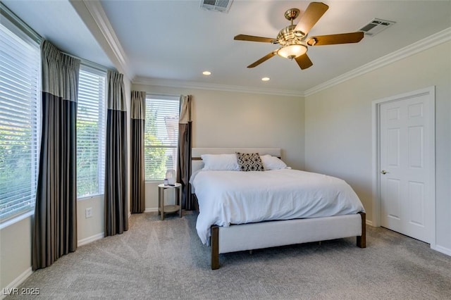10372 Premia Pl, Las Vegas, NV 89135 - bedroom featuring carpet floors, ornamental molding, multiple windows, baseboards, and recessed lighting