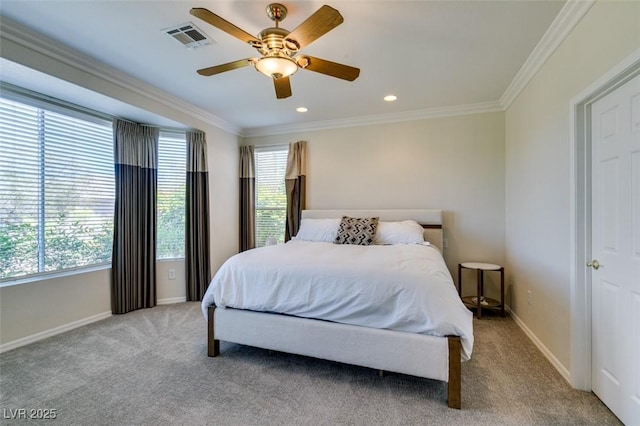 10372 Premia Pl, Las Vegas, NV 89135 - bedroom featuring ornamental molding, carpet, baseboards, a ceiling fan, and recessed lighting