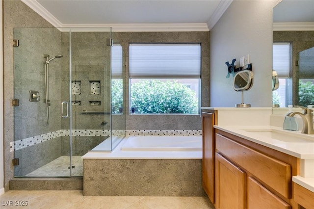 10372 Premia Pl, Las Vegas, NV 89135 - full bathroom with plenty of natural light, a stall shower, a garden tub, ornamental molding, and tile patterned floors