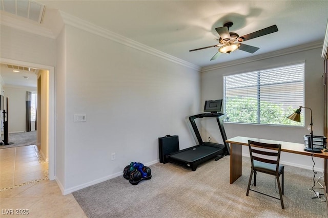 10372 Premia Pl, Las Vegas, NV 89135 - exercise area featuring a ceiling fan, ornamental molding, baseboards, and light colored carpet