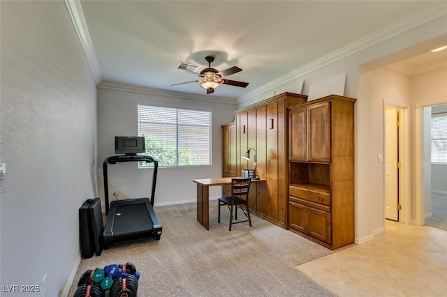10372 Premia Pl, Las Vegas, NV 89135 - home office with healthy amount of natural light, ceiling fan, ornamental molding, light carpet, and baseboards