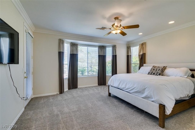 10372 Premia Pl, Las Vegas, NV 89135 - bedroom featuring crown molding, carpet, baseboards, ceiling fan, and recessed lighting