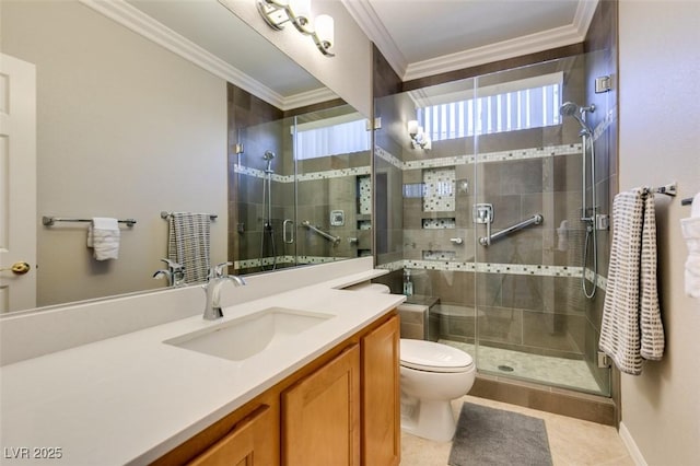 10372 Premia Pl, Las Vegas, NV 89135 - bathroom with crown molding, a shower stall, toilet, vanity, and tile patterned flooring