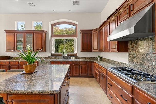 kitchen featuring visible vents, a sink, under cabinet range hood, and stainless steel gas stovetop